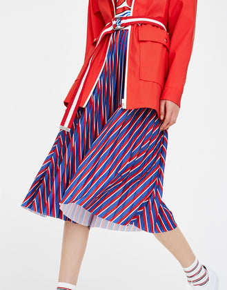 Pleated striped midi skirt