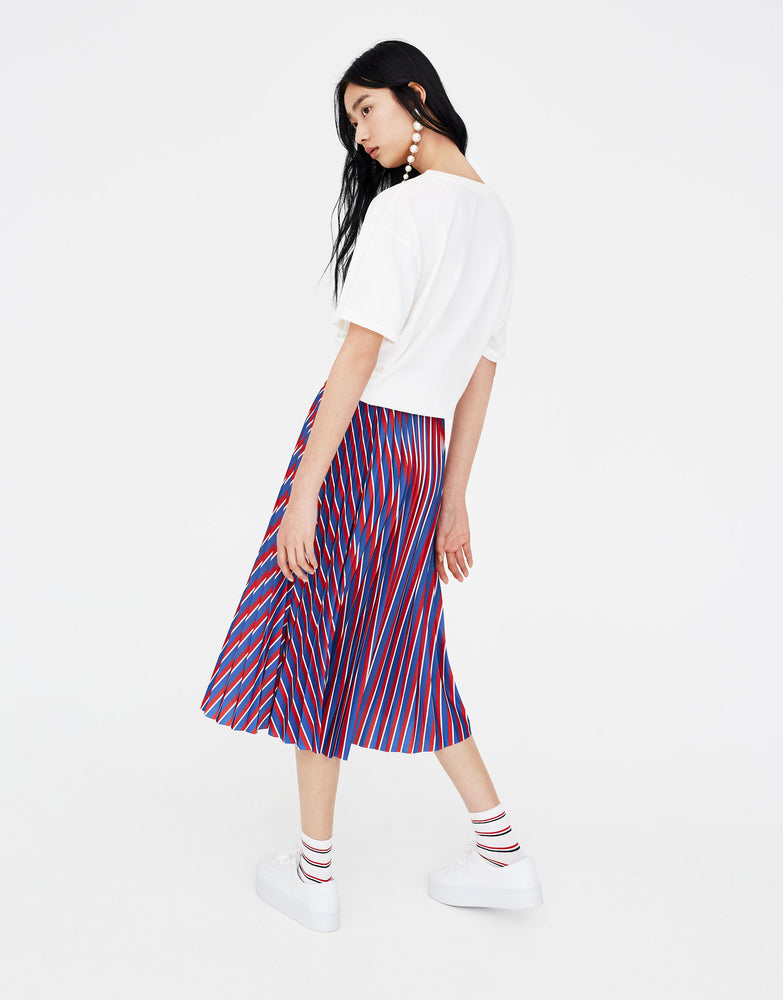 Pleated striped midi skirt